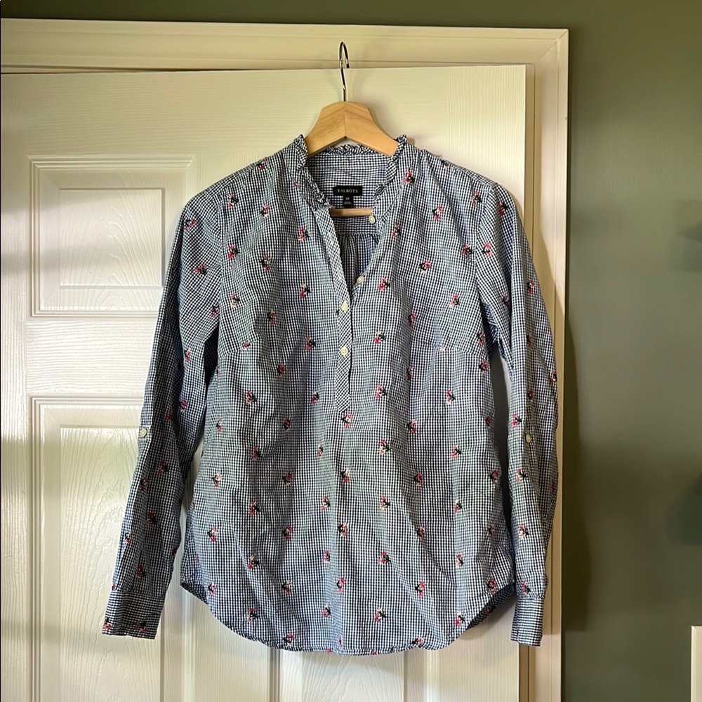 Talbots Embroidered Blue Gingham Blouse